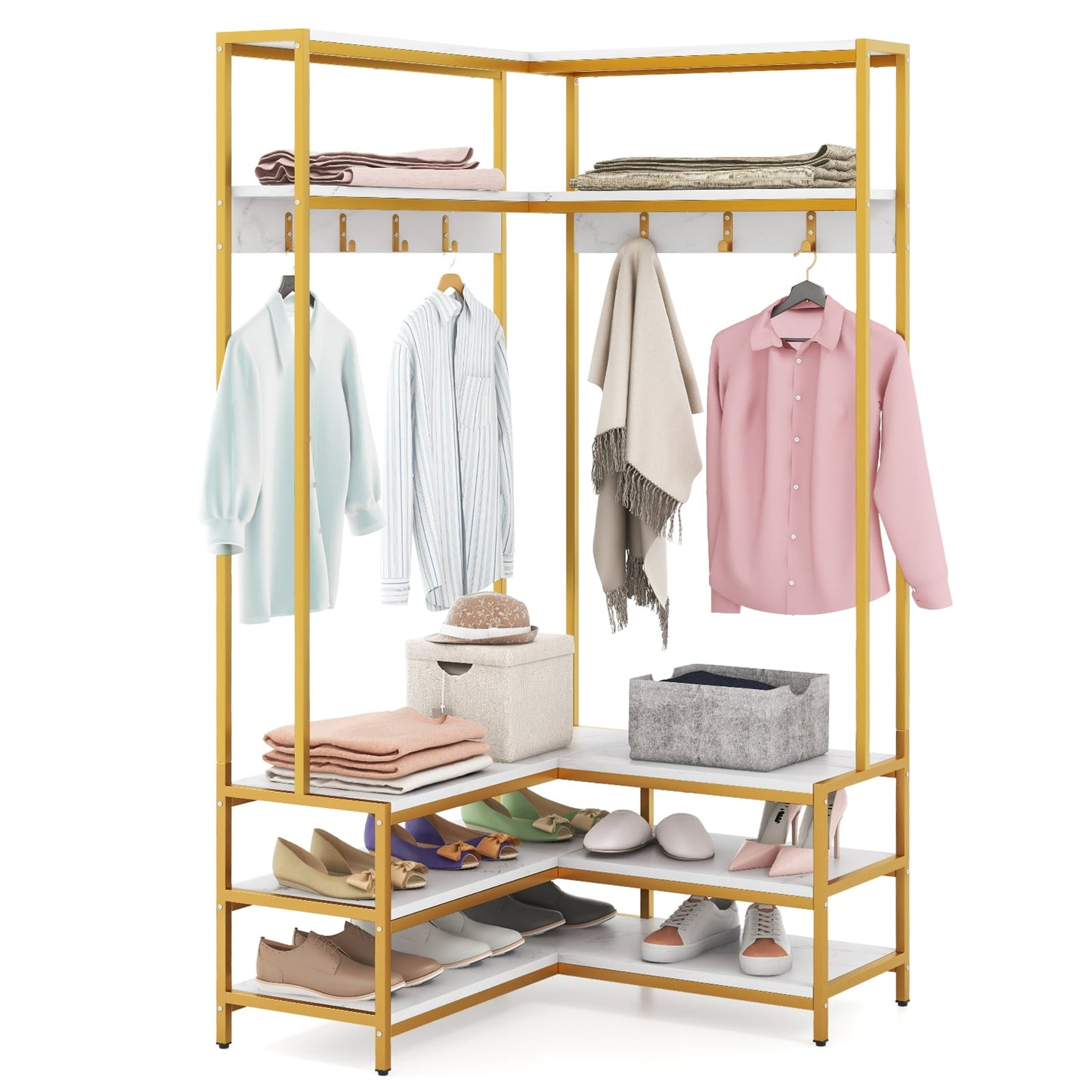 L-shaped Clothes Corner Garment Rack with Open Shelves and 7 Hooks-White