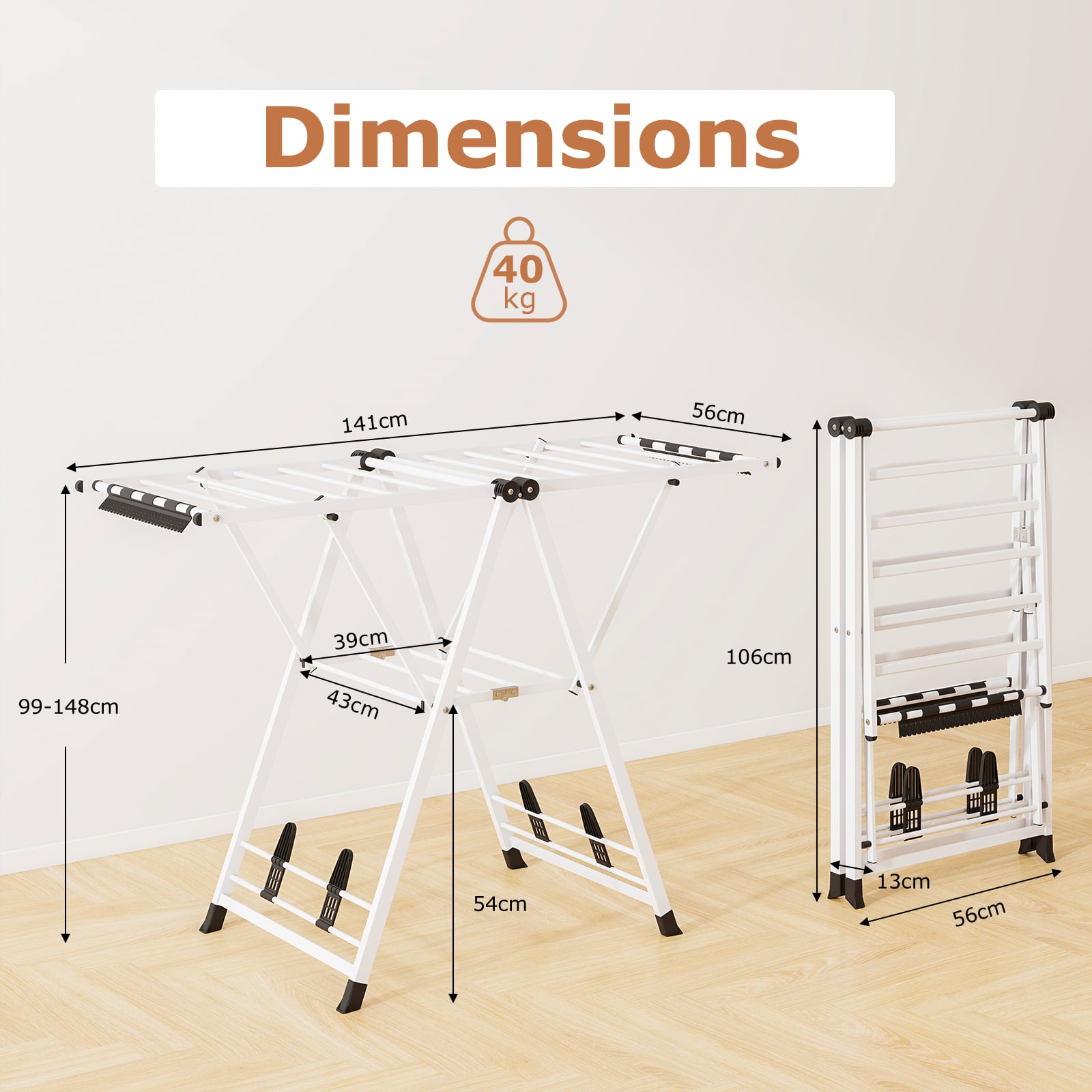 Clothes Drying Rack Foldable Laundry Drying Rack with 16 Drying Rails-White