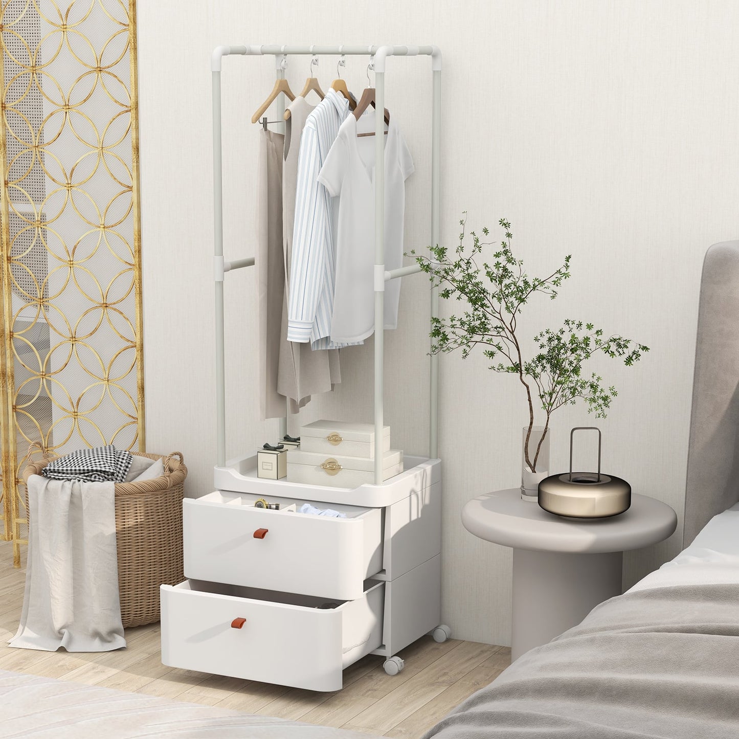 Freestanding Heavy-duty Clothing Stand Dresser with Hanging Rod and Storage Shelves-White