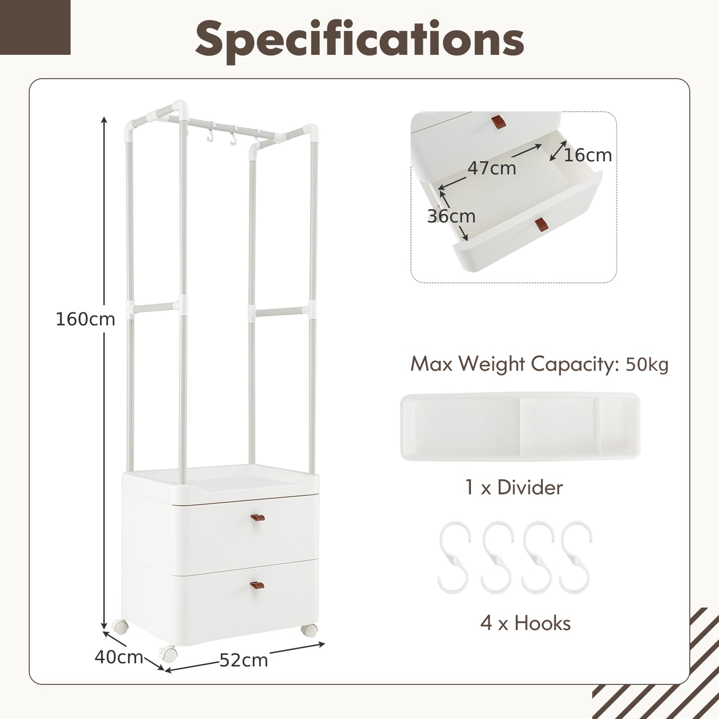 Freestanding Heavy-duty Clothing Stand Dresser with Hanging Rod and Storage Shelves-White