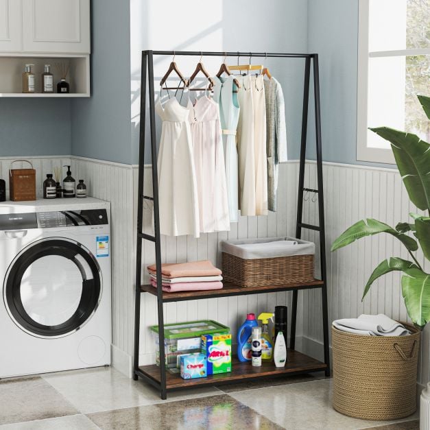 Clothes Rack with 2 Shelves and S Hooks for Laundry-Brown