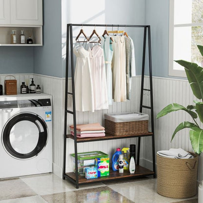 Clothes Rack with 2 Shelves and S Hooks for Laundry-Brown