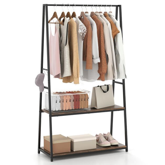 Clothes Rack with 2 Shelves and S Hooks for Laundry-Brown