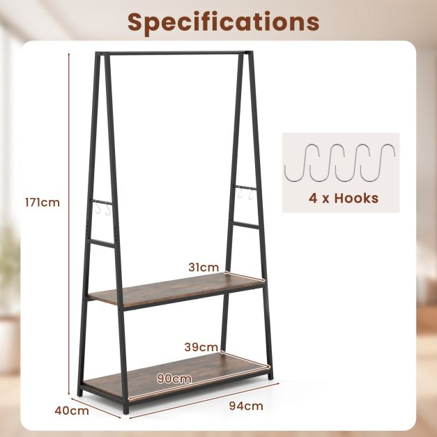 Clothes Rack with 2 Shelves and S Hooks for Laundry-Brown