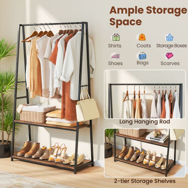 Clothes Rack with 2 Shelves and S Hooks for Laundry-Brown