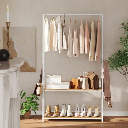 Clothes Rack with 2 Shelves and S Hooks for Laundry-Natural