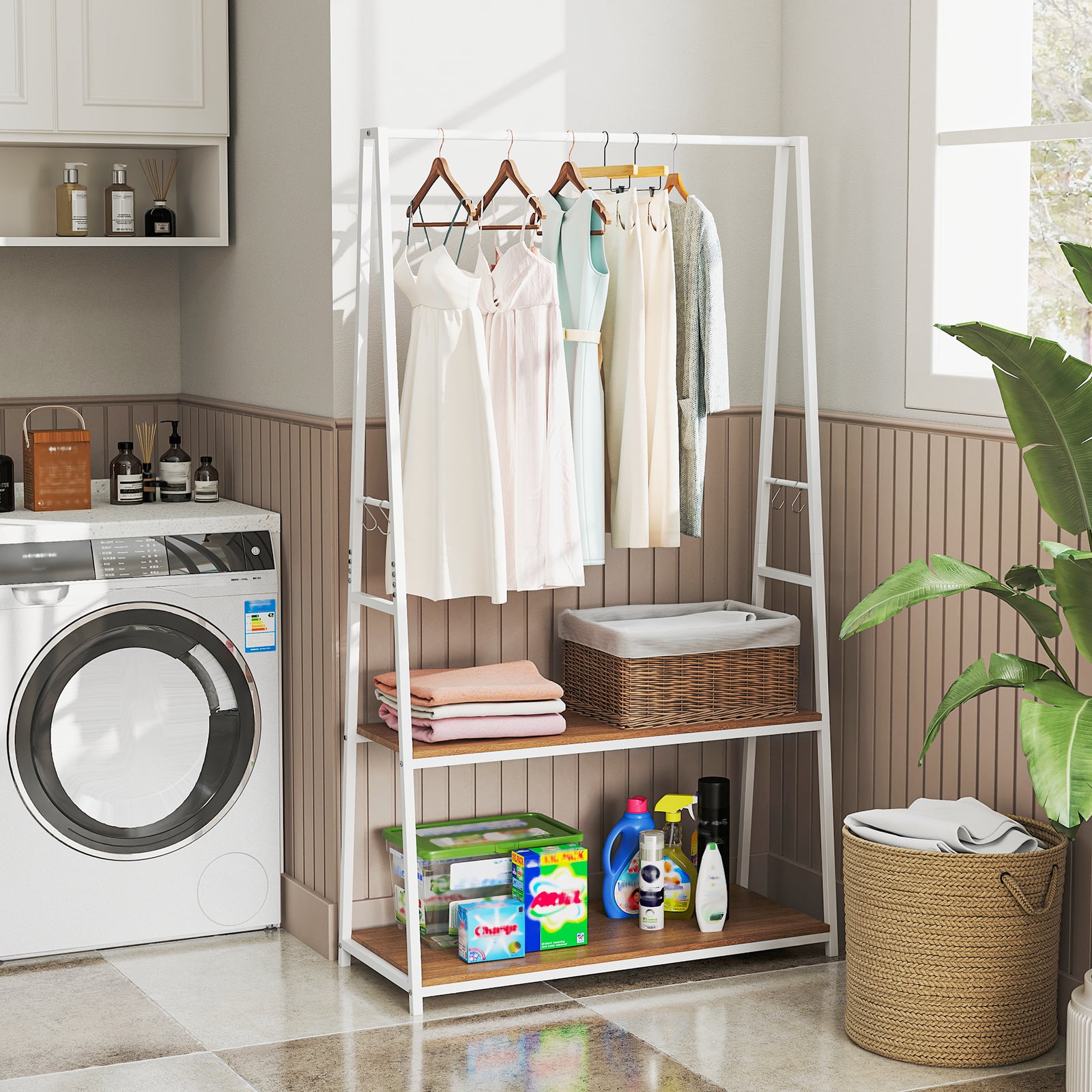 Clothes Rack with 2 Shelves for Laundry Room Bed Room-Natural
