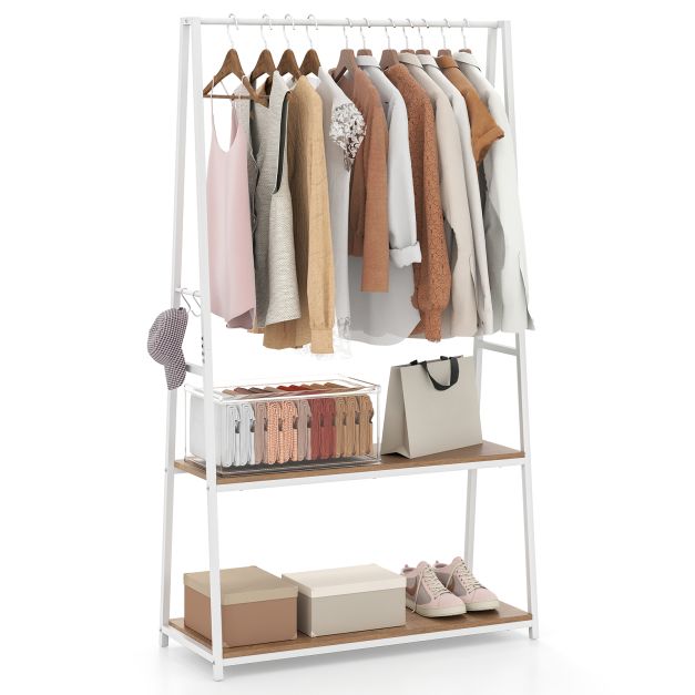 Clothes Rack with 2 Shelves and S Hooks for Laundry-Natural