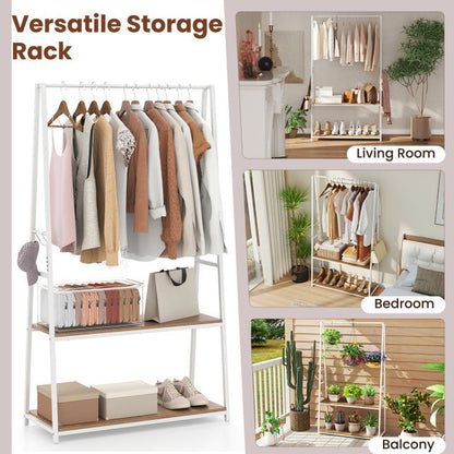 Clothes Rack with 2 Shelves and S Hooks for Laundry-Natural