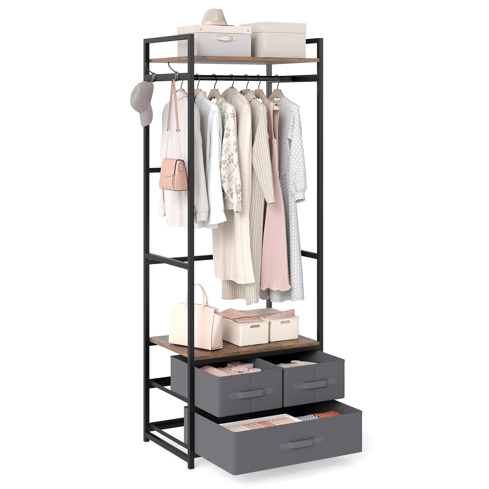 Clothes Rack with Drawers and Shelves for Entryway and Bedroom-Rustic Brown