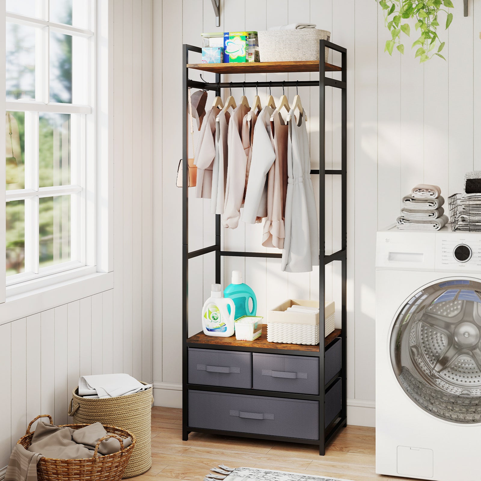 Clothes Rack with Drawers and Shelves for Entryway and Bedroom-Rustic Brown