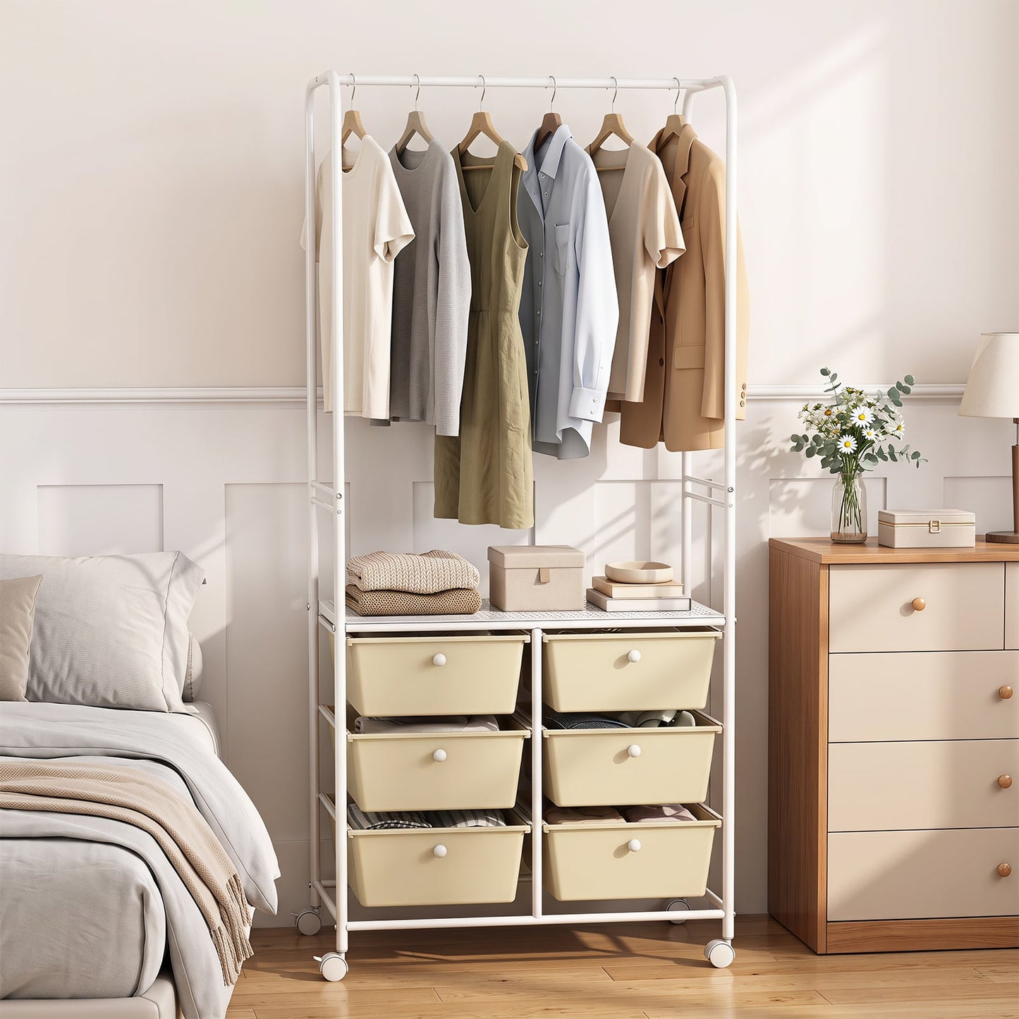 Clothing Rack Coat Hanger with 6 Drawers 4 Universal Wheels and 2 Anti-Tipping Kits-White