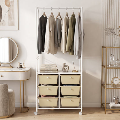 Clothing Rack Coat Hanger with 6 Drawers 4 Universal Wheels and 2 Anti-Tipping Kits-White