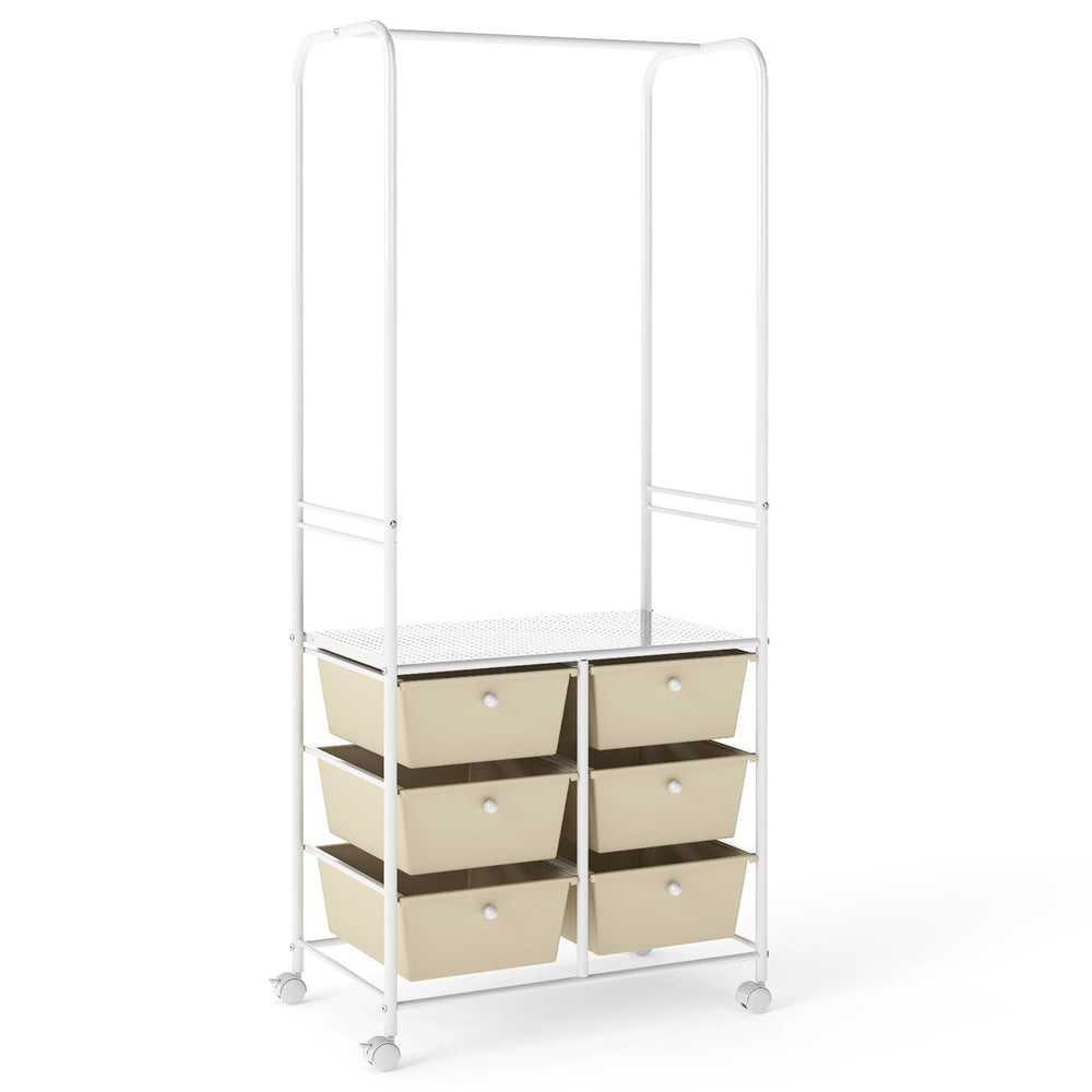 Clothing Rack Coat Hanger with 6 Drawers 4 Universal Wheels and 2 Anti-Tipping Kits-White