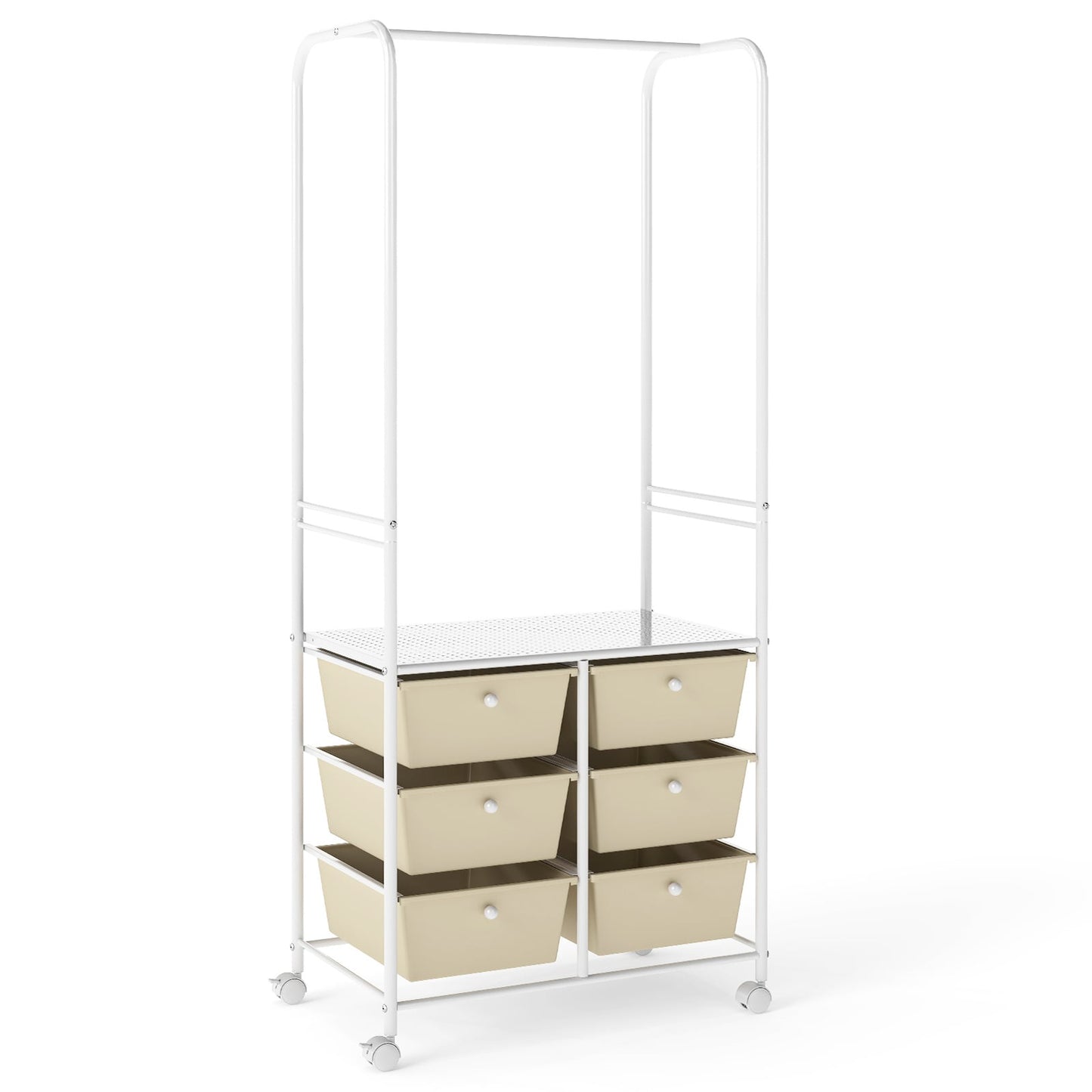 Clothing Rack Coat Hanger with 6 Drawers 4 Universal Wheels and 2 Anti-Tipping Kits-White