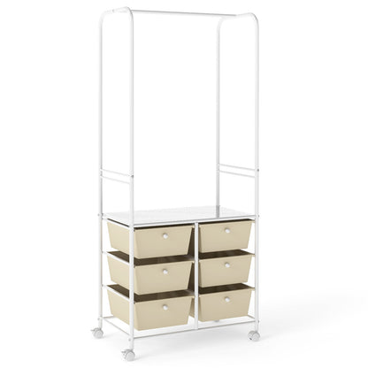 Clothing Rack Coat Hanger with 6 Drawers 4 Universal Wheels and 2 Anti-Tipping Kits-White