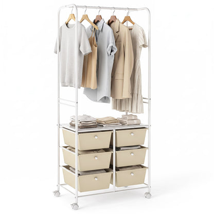 Clothing Rack Coat Hanger with 6 Drawers 4 Universal Wheels and 2 Anti-Tipping Kits-White