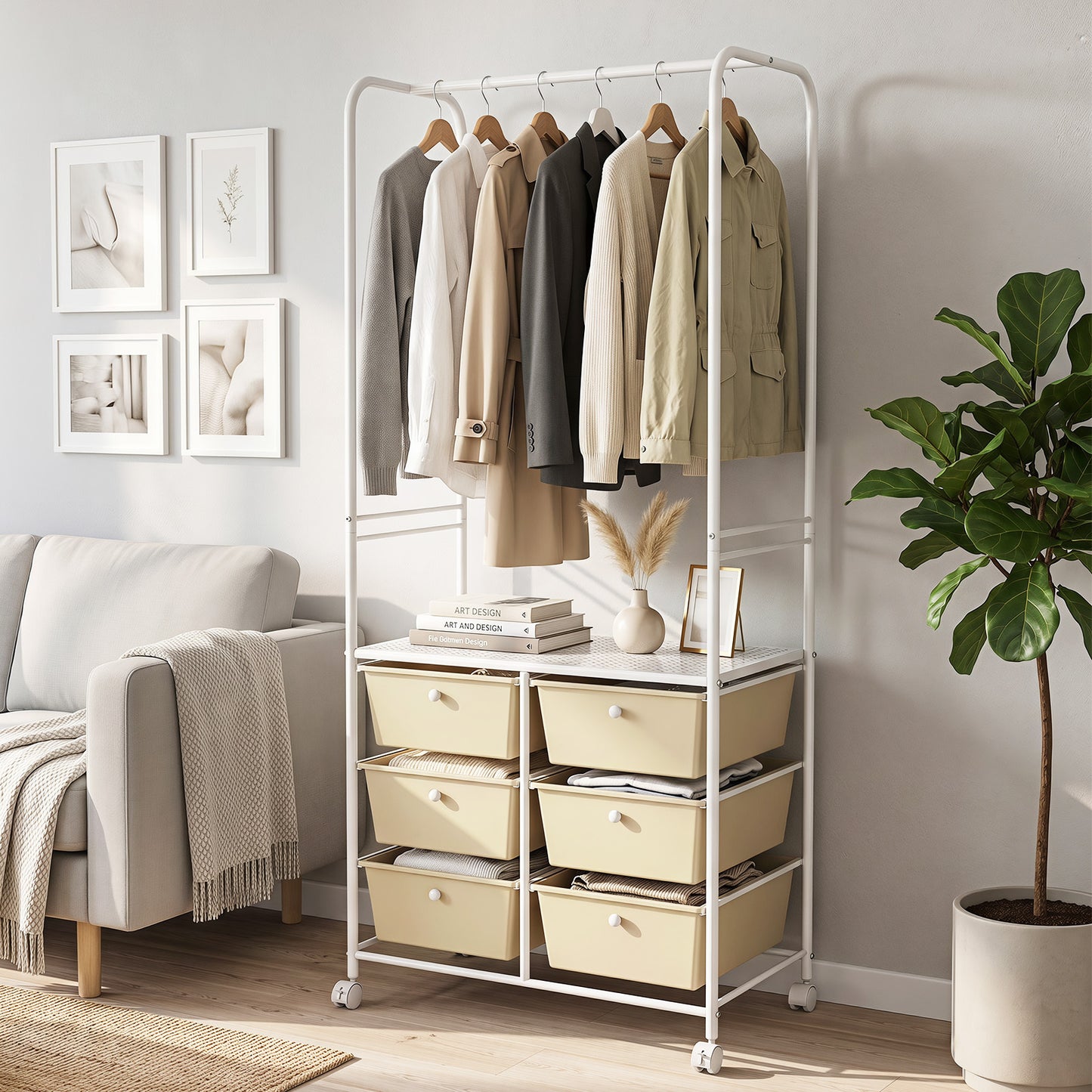 Clothing Rack Coat Hanger with 6 Drawers 4 Universal Wheels and 2 Anti-Tipping Kits-White