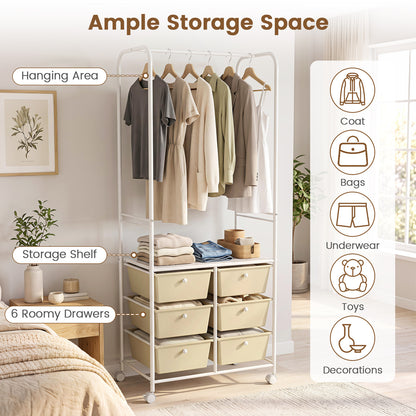 Clothing Rack Coat Hanger with 6 Drawers 4 Universal Wheels and 2 Anti-Tipping Kits-White