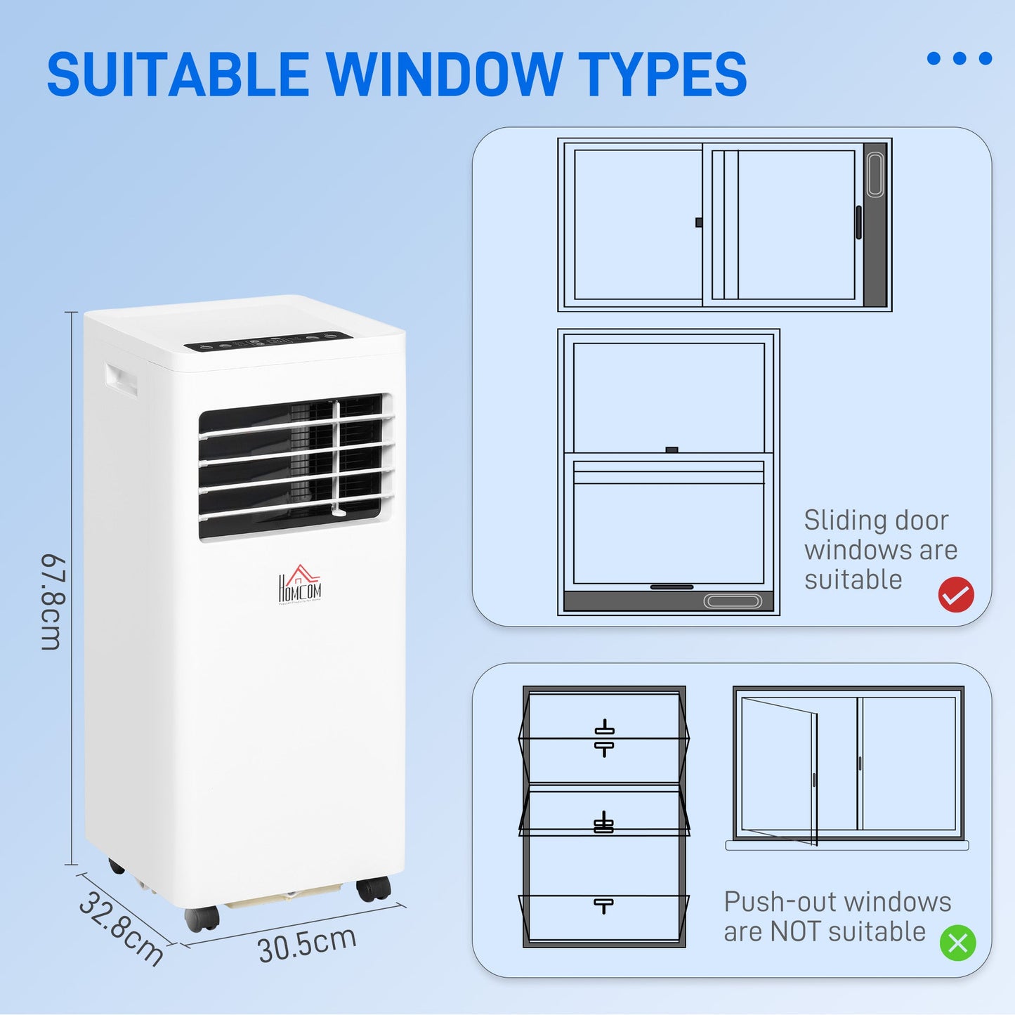 وحدة تكييف الهواء HOMCOM 7000 BTU، مكيف هواء محمول 3 في 1، مزيل الرطوبة، مروحة تبريد بسرعتين، مؤقت 24 ساعة، جهاز تحكم عن بعد، شاشة رقمية، مجموعة تهوية النافذة، 15 مترًا