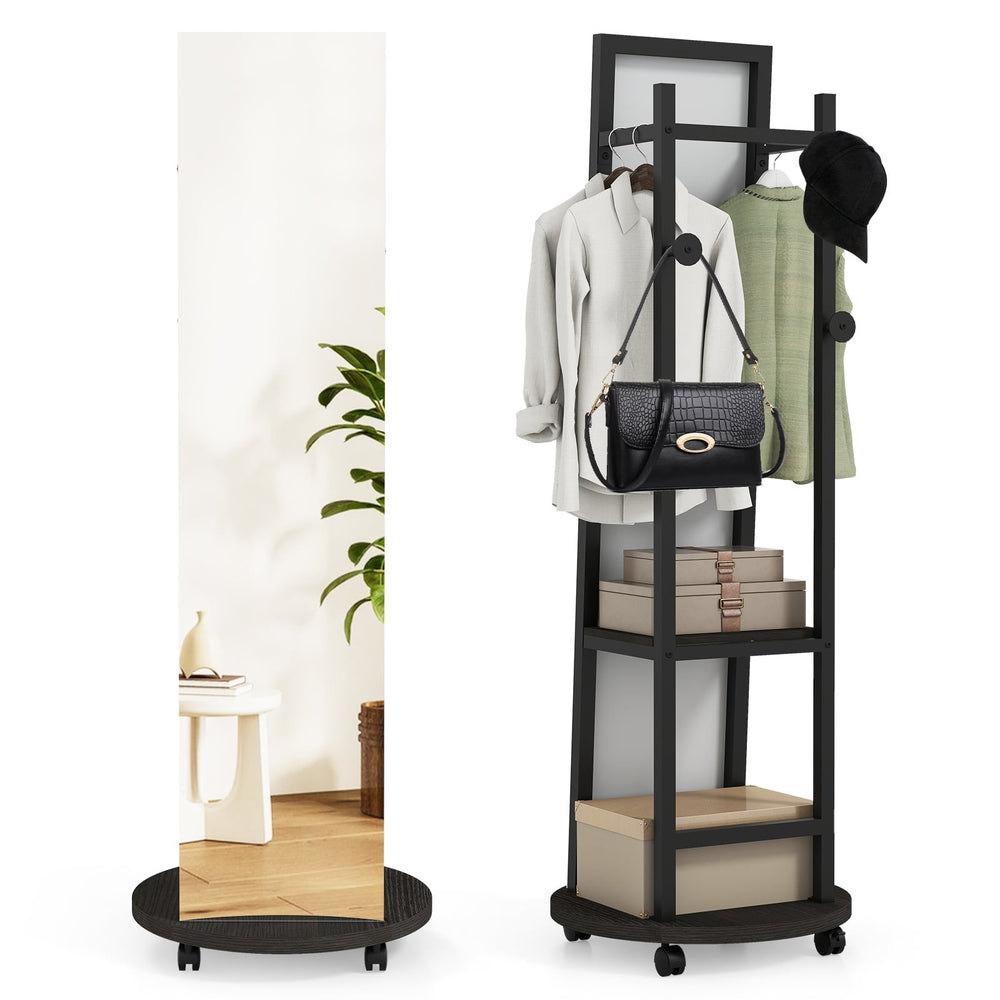 Coat Rack with Full Length Mirror Freestanding Coat Tree with 3 Hooks-Black
