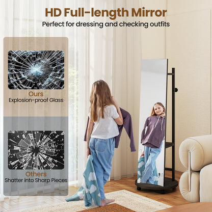 Coat Rack with Full Length Mirror Freestanding Coat Tree with 3 Hooks-Black