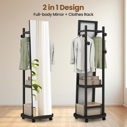 Coat Rack with Full Length Mirror Freestanding Coat Tree with 3 Hooks-Black