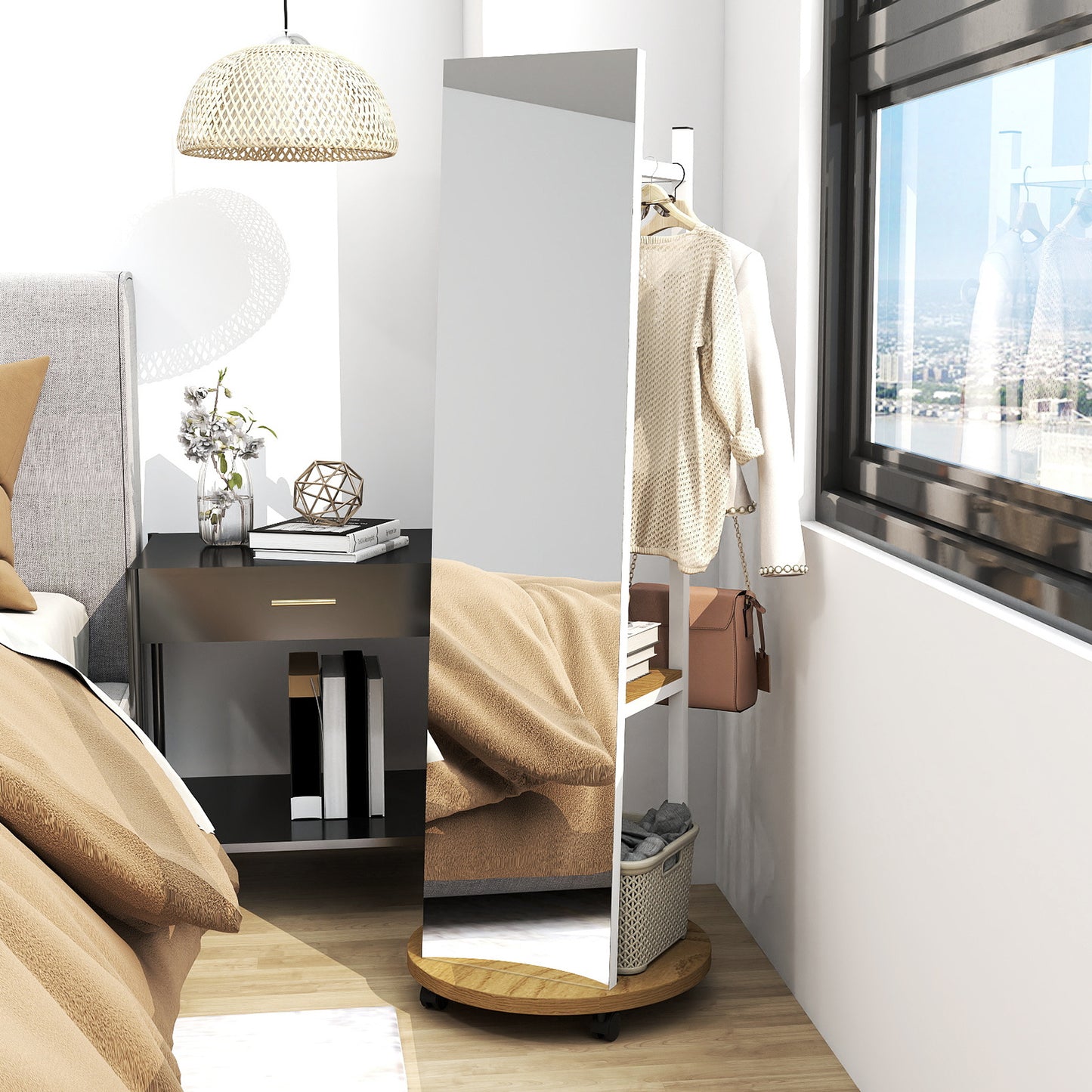 Coat Rack with Full Length Mirror Freestanding Coat Tree with 3 Hooks-Natural