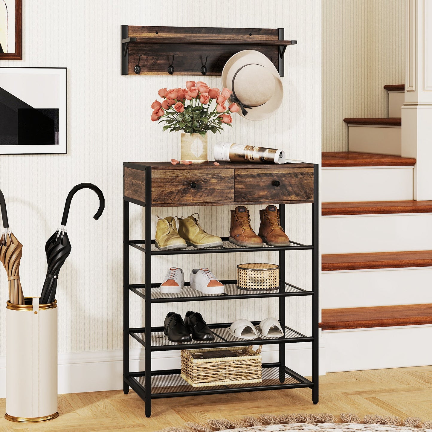5-Tier Shoe Rack with Wall-Mounted Coat Rack and Hooks-Rustic Brown