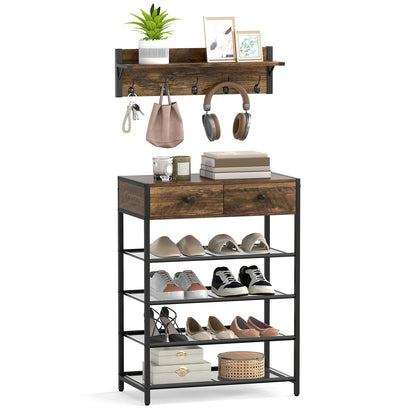 5-Tier Shoe Rack with Wall-Mounted Coat Rack and Hooks-Rustic Brown