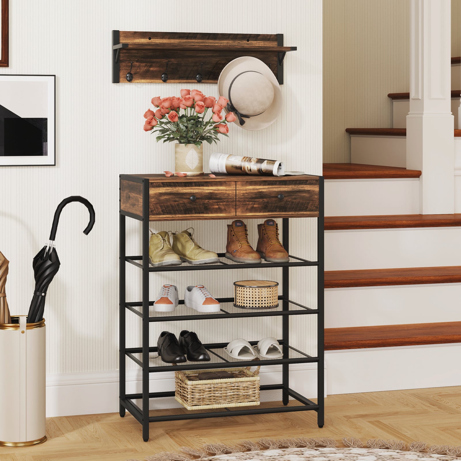 Coat Rack Shoe Stand Set with Wall-Mounted Coat Rack and Drawers-Brown