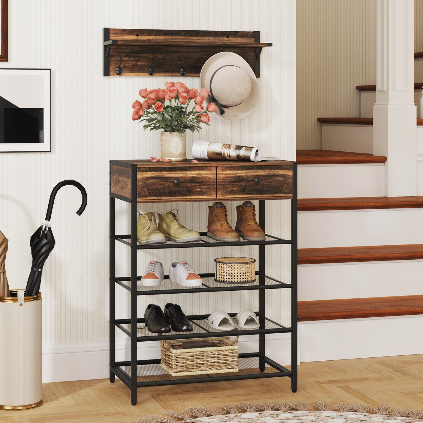 Coat Rack Shoe Stand Set with Wall-Mounted Coat Rack and Drawers-Brown