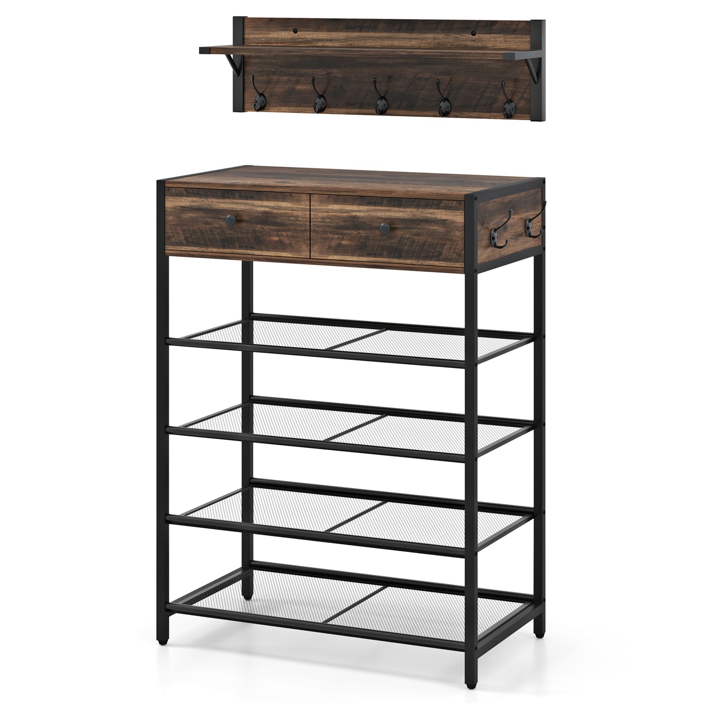 Coat Rack Shoe Stand Set with Wall-Mounted Coat Rack and Drawers-Brown
