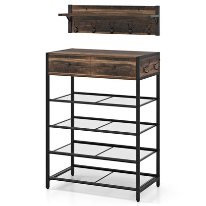 Coat Rack Shoe Stand Set with Wall-Mounted Coat Rack and Drawers-Brown