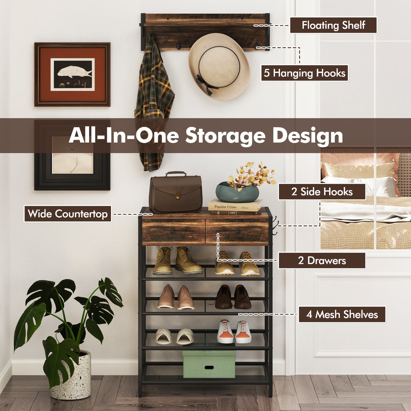 Coat Rack Shoe Stand Set with Wall-Mounted Coat Rack and Drawers-Brown