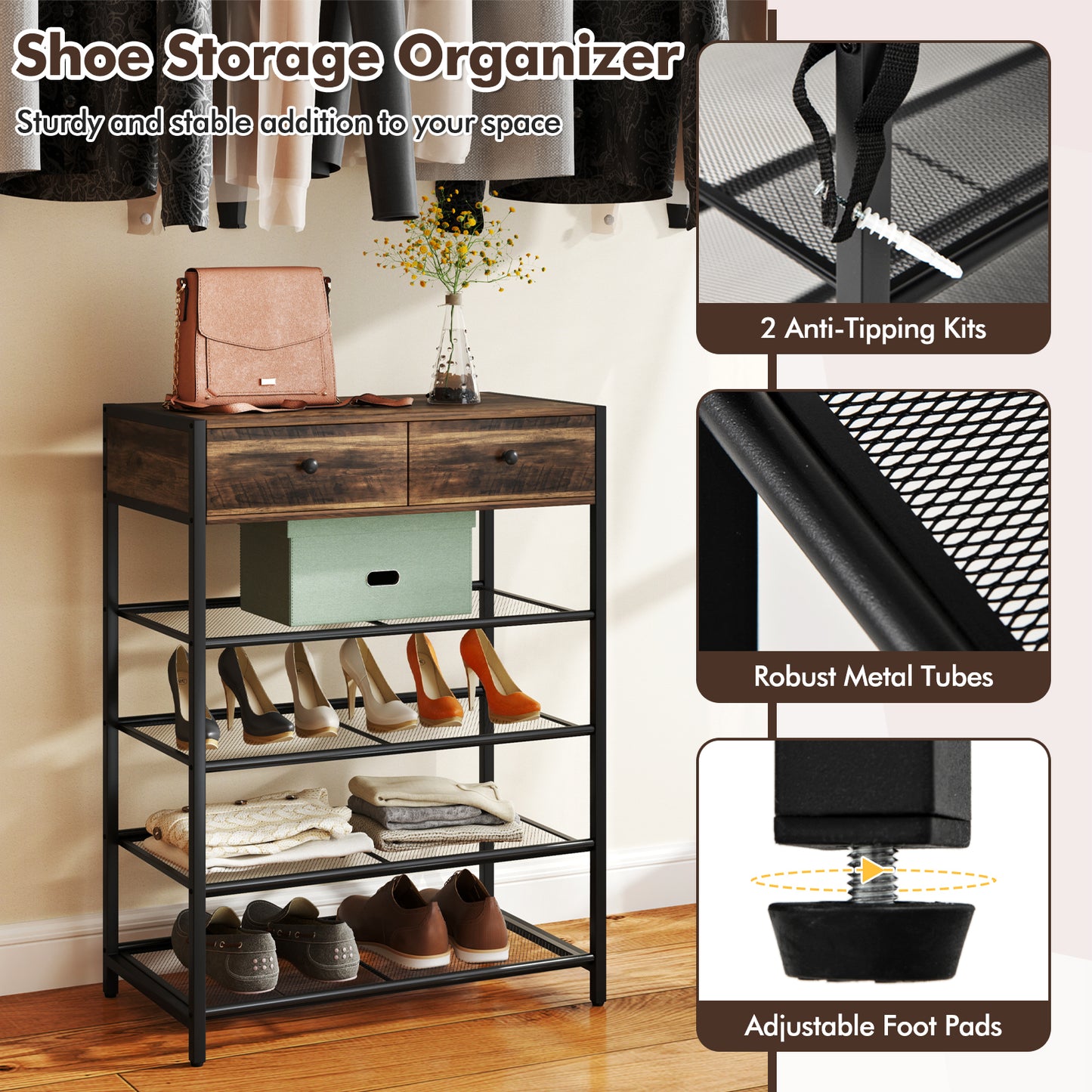 Coat Rack Shoe Stand Set with Wall-Mounted Coat Rack and Drawers-Brown
