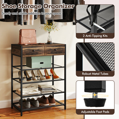 Coat Rack Shoe Stand Set with Wall-Mounted Coat Rack and Drawers-Brown