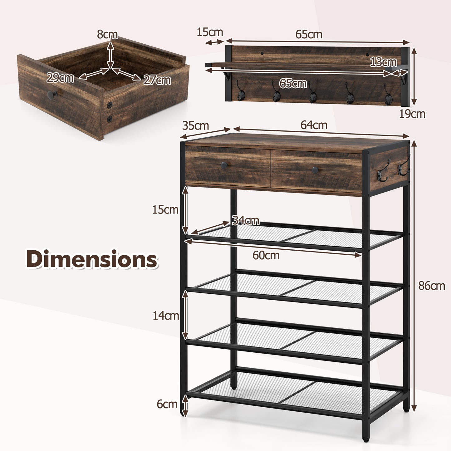 Coat Rack Shoe Stand Set with Wall-Mounted Coat Rack and Drawers-Brown