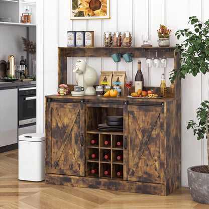 Coffee Bar Cabinet with Charging Station and Sliding Barn Doors-Rustic Brown