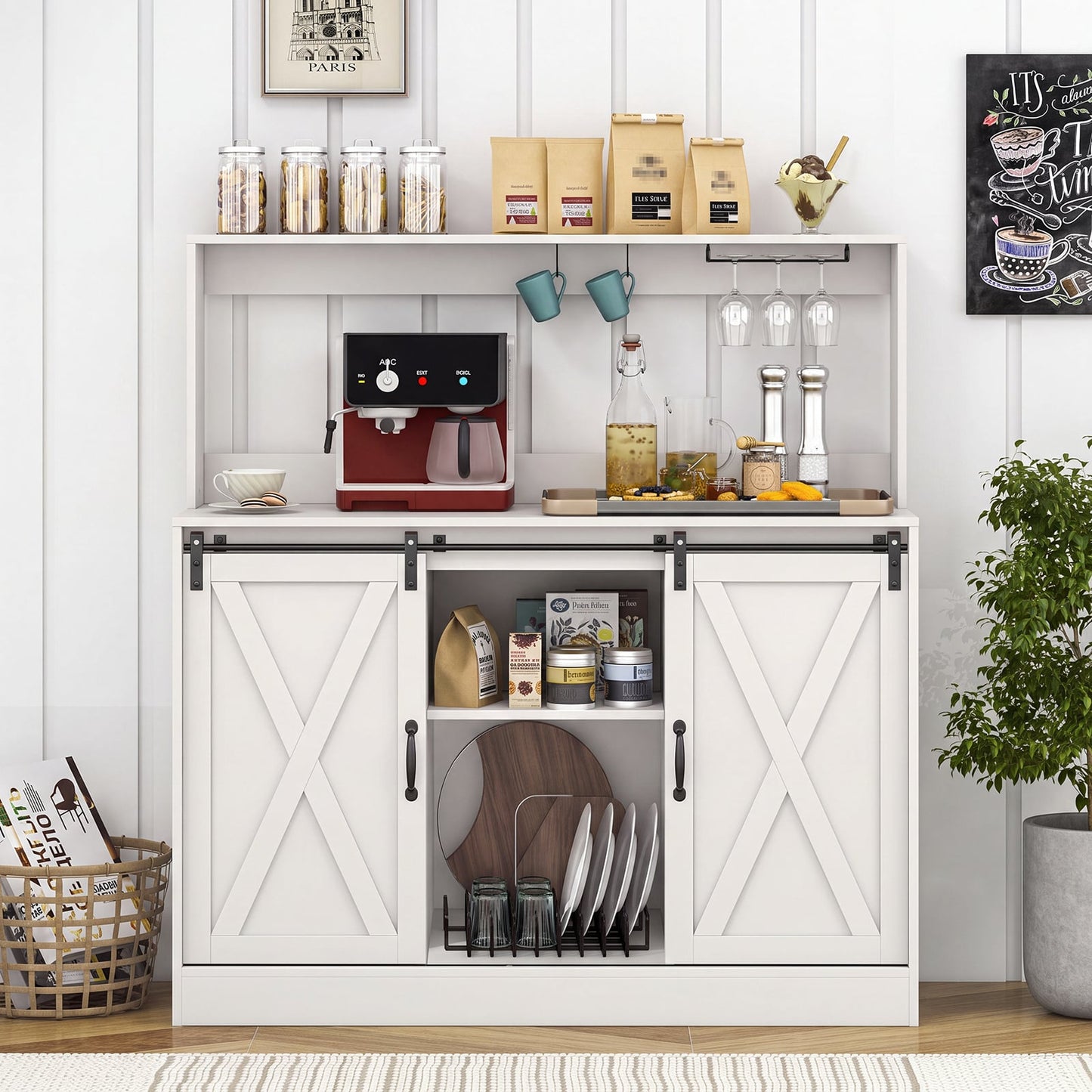 Coffee Bar Cabinet with Charging Station and Sliding Doors-White