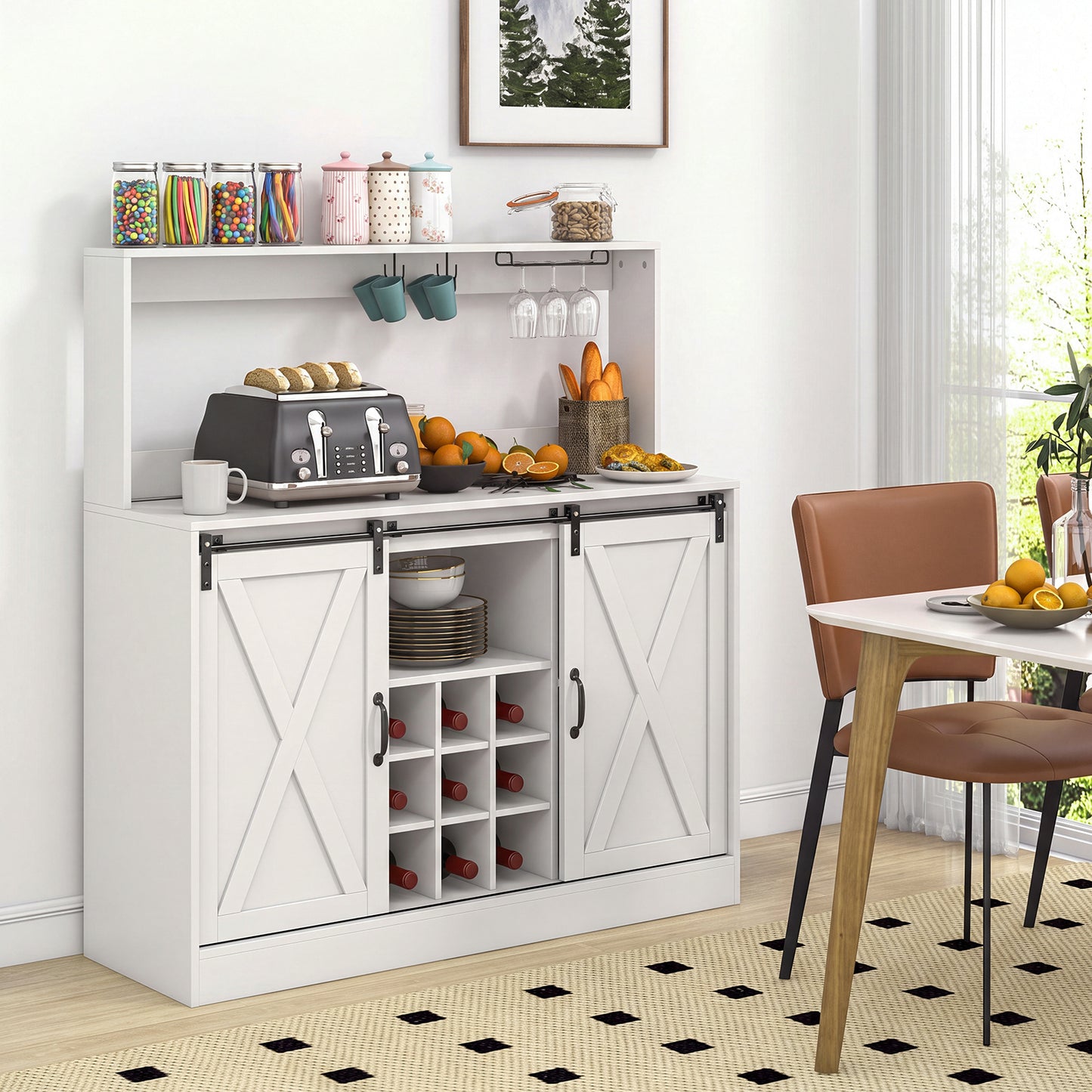 Coffee Bar Cabinet with Charging Station and Sliding Doors-White