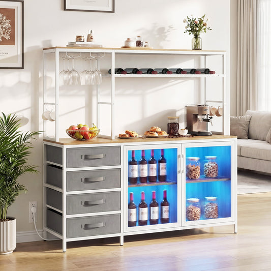 Coffee Bar Cabinet with LED Lights Charging Station-Natural