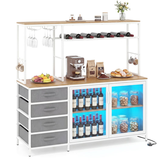 Coffee Bar Cabinet with LED Lights Charging Station-Natural