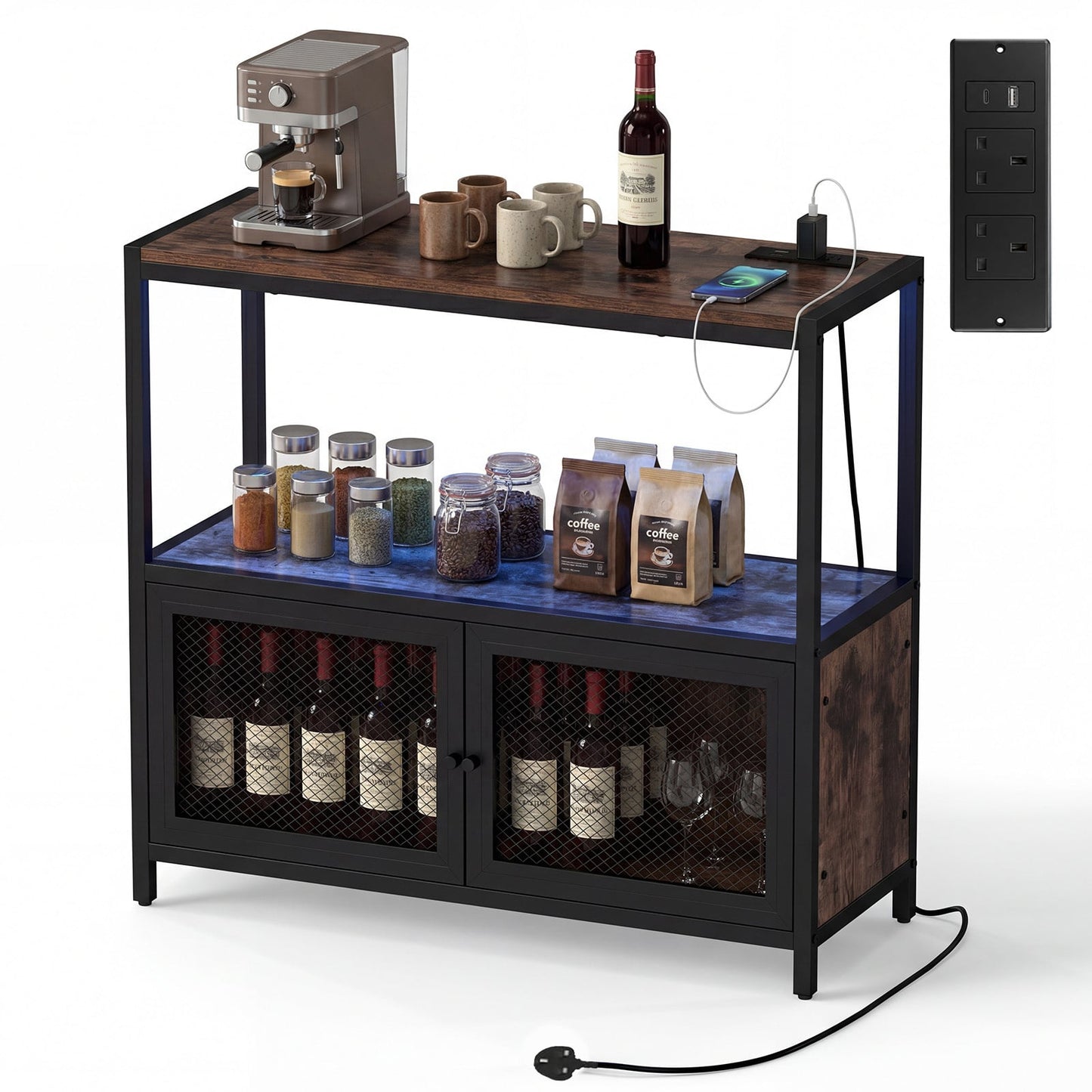 Coffee Bar Cabinet with LED Lights Charging Station & Open Shelf for Kitchen-Rustic Brown