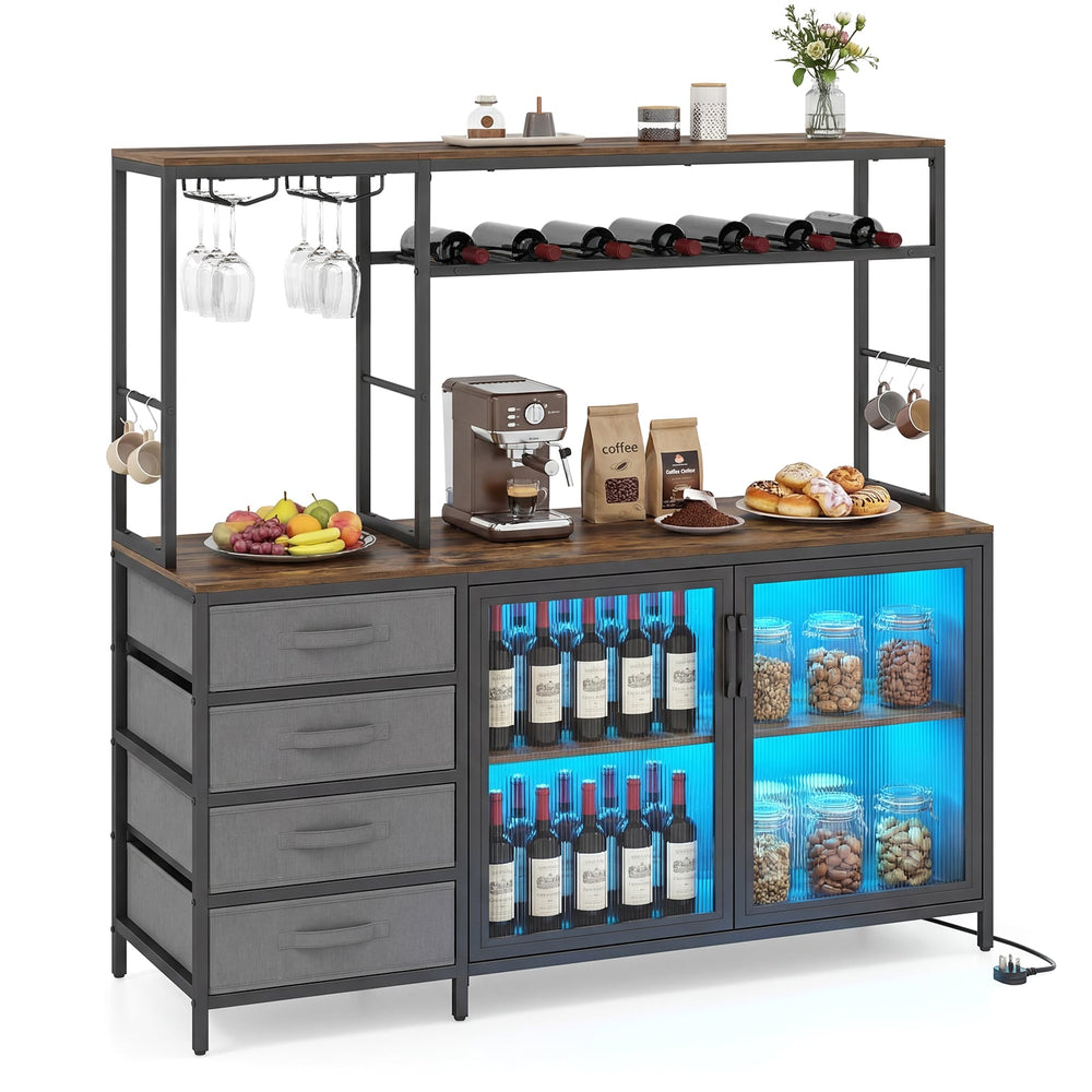 Coffee Bar Cabinet with LED Lights Charging Station-Rustic Brown