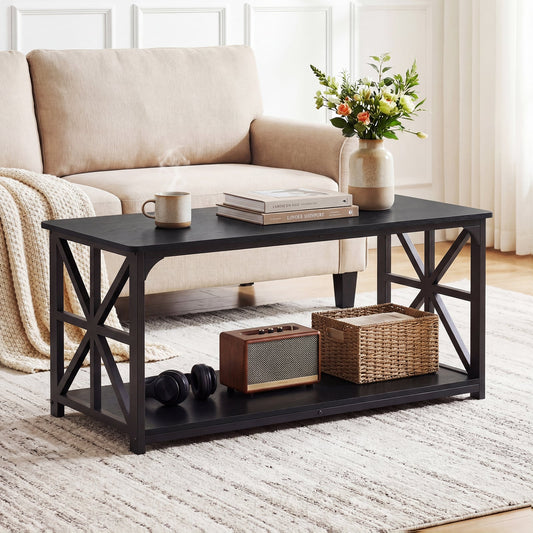 Coffee Table Industrial Farmhouse Accent Table with Open Storage Shelf-Black