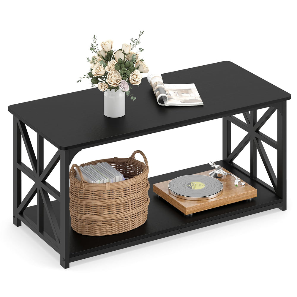 Coffee Table Industrial Farmhouse Accent Table with Open Storage Shelf-Black