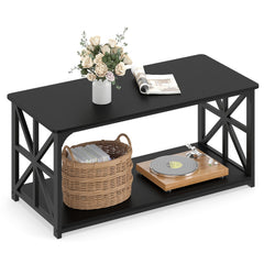 Coffee Table Industrial Farmhouse Accent Table with Open Storage Shelf-Black