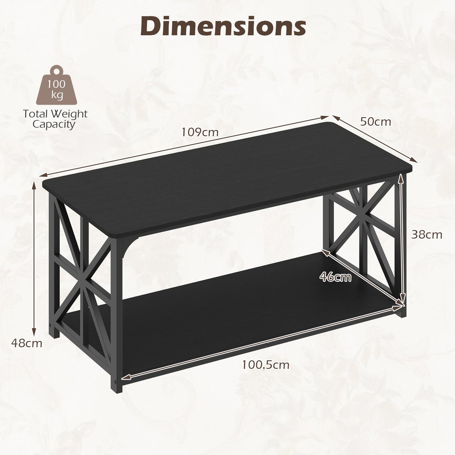 Coffee Table Industrial Farmhouse Accent Table with Open Storage Shelf-Black