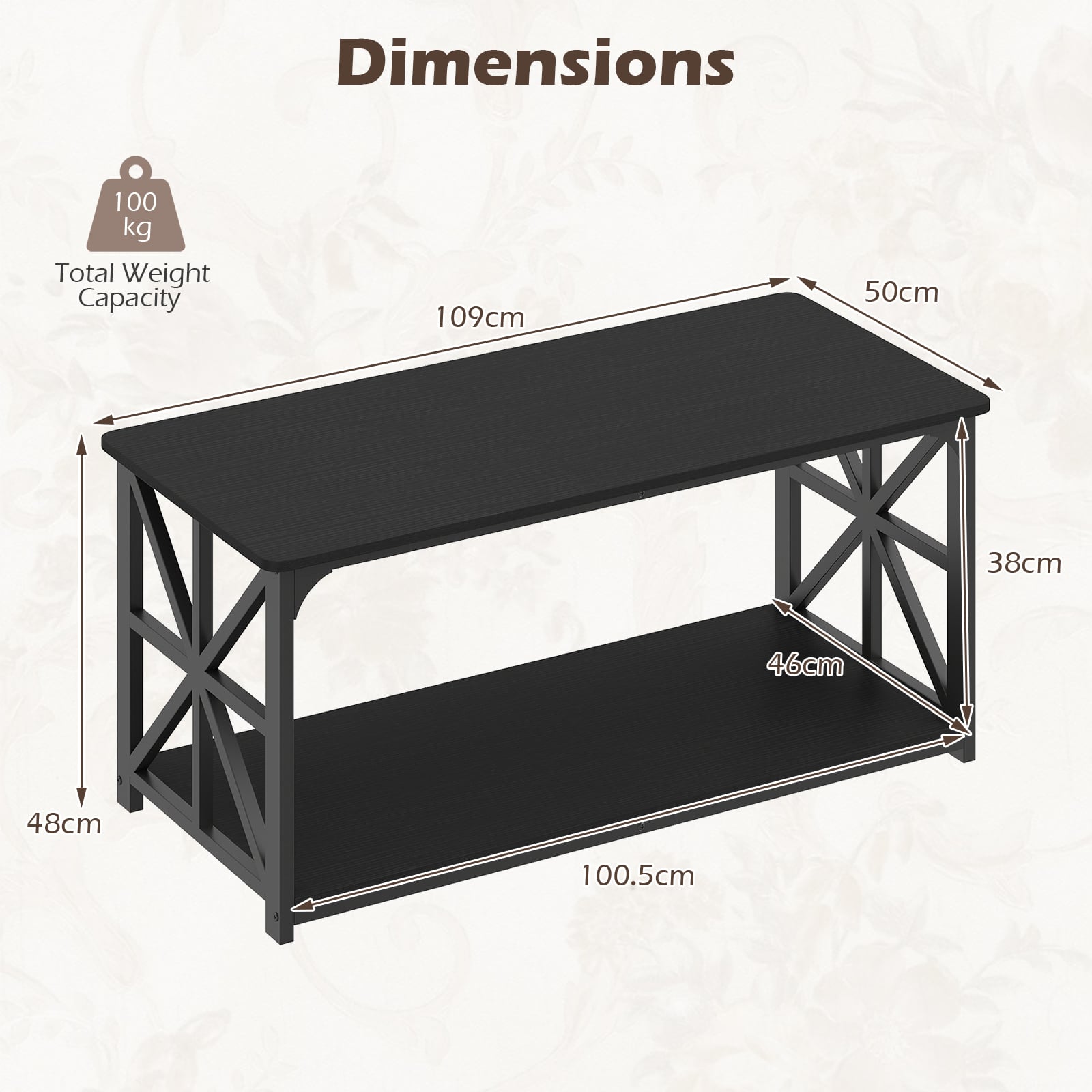 Coffee Table Industrial Farmhouse Accent Table with Open Storage Shelf-Black